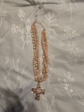 Boutique Beige Beaded Cross Pendant Necklace - Women Jewelry